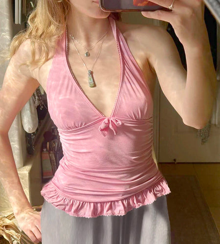 Pink Sweety Slimming Backless Halter Camis Women Summer Holiday With Bow Folds Tops Y2K Aesthetics Sexy Clothes Chic
