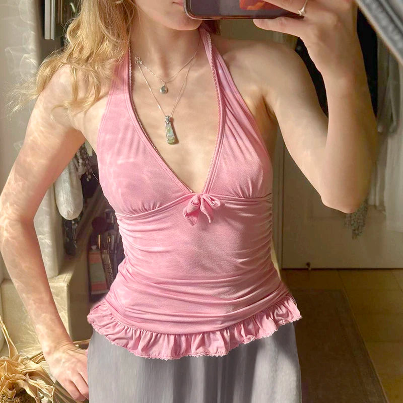 Pink Sweety Slimming Backless Halter Camis Women Summer Holiday With Bow Folds Tops Y2K Aesthetics Sexy Clothes Chic