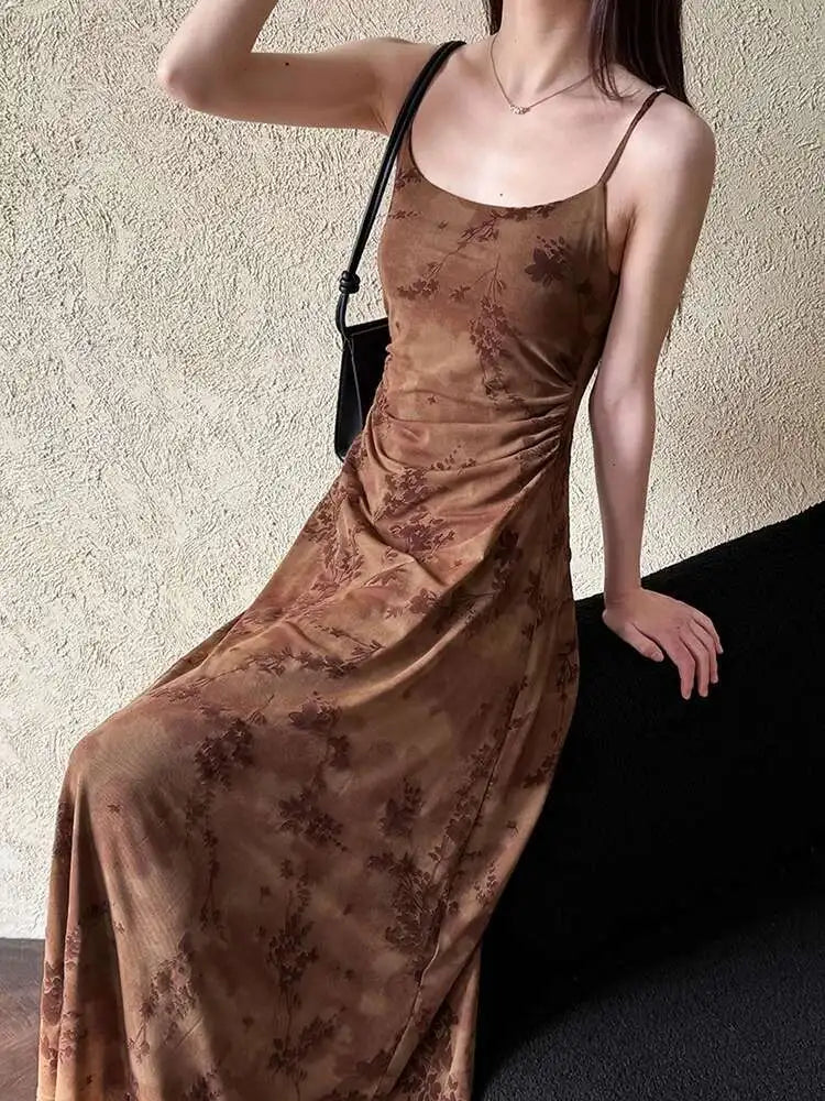 Women Brown Printed Vintage Long Spaghetti Strap Dress New Round Neck Sleeveless Fashion Tide Spring Summer 2025 1DJ0289
