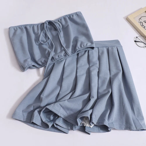 Load image into Gallery viewer, Summer Solid Eleagnt Two-piece Set Women Backless Sleeveless Strapless Lace-up Tops And High Waist Mini Pleated Skirt Suit 2024
