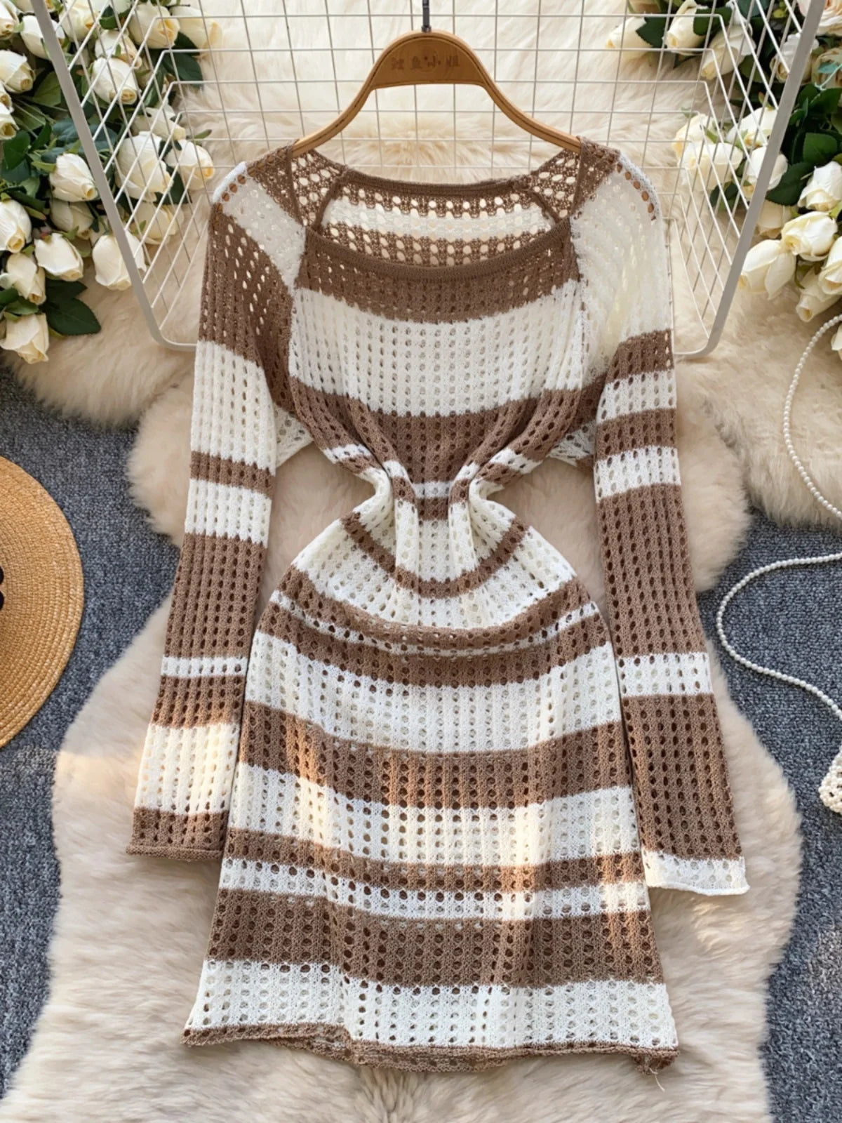 Korean 2025 Spring New Elegant Rainbow Stripe Long Sleeves Knitted Dresses Women Round Neck Hollow Out Vacation Midi Dress Trend