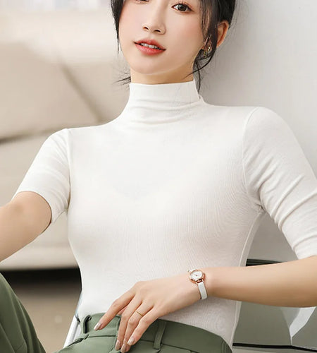 Half Turtleneck Milk Silk Tops Women Short Sleeve Slim T-Shirt Solid Color Basic Trend Bottoming Shirt High Street Women Blouse