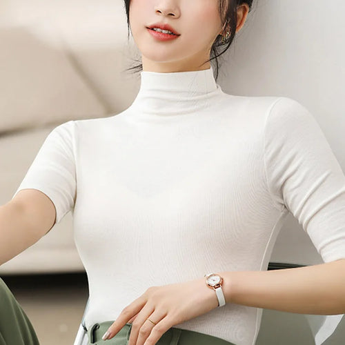 Load image into Gallery viewer, Half Turtleneck Milk Silk Tops Women Short Sleeve Slim T-Shirt Solid Color Basic Trend Bottoming Shirt High Street Women Blouse
