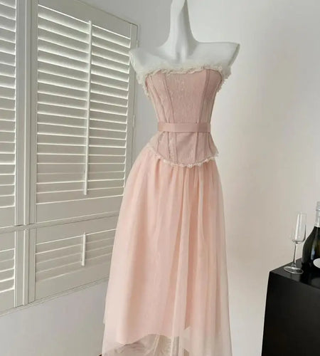 Summer Women French Vintage Pink Patchwork Lace Sexy Backless Strapless Short Tops High Waist Long Mesh Skirt 2025 Two-piece Set