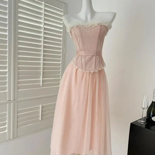 Load image into Gallery viewer, Summer Women French Vintage Pink Patchwork Lace Sexy Backless Strapless Short Tops High Waist Long Mesh Skirt 2025 Two-piece Set
