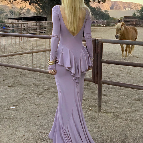 Load image into Gallery viewer, Backless Ruffled Sexy Maxi Dress For Women Gown Fashion O Neck Long Sleeve Thigh High Split Evening Long Dress Elegant
