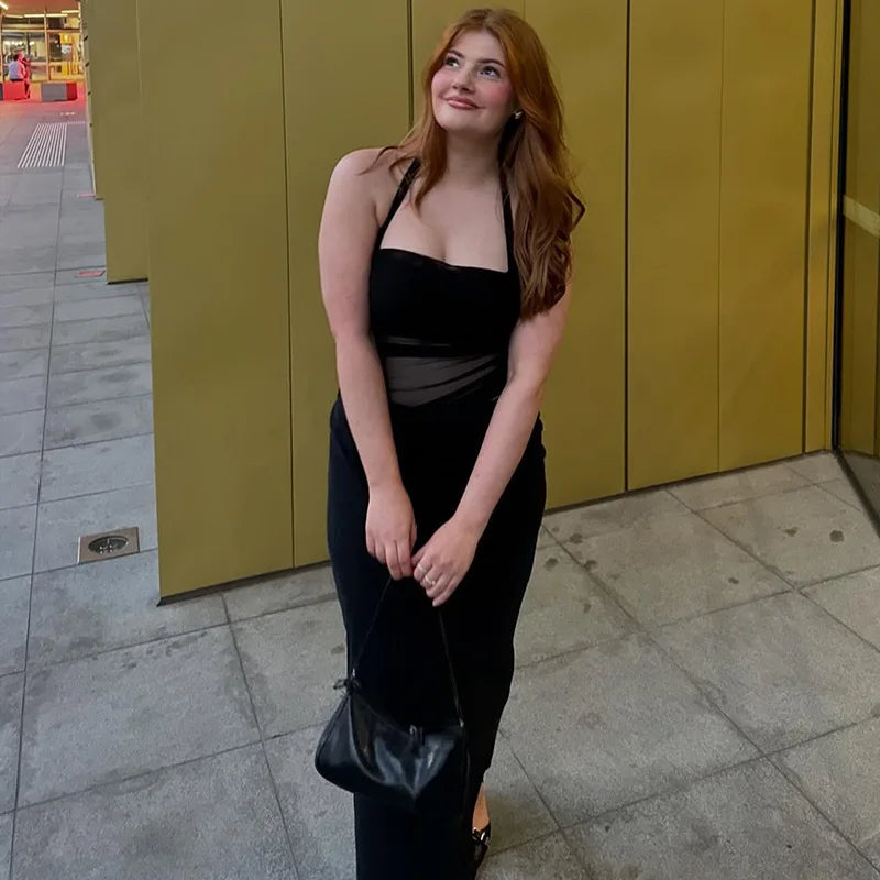 Mesh Patchwork Backless Sexy Maxi Dress For Women Gown Fashion Halter Sleeveless Strapless Bodycon Club Long Dress