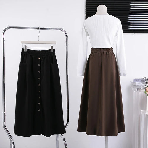 Load image into Gallery viewer, Korean Black Single Breasted Vacation Pleated Skirt Women's 2024 Autumn Winter Brown Elegant High Waist Plus Size Long Skirt New
