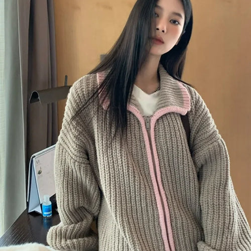 Load image into Gallery viewer, 2025 Preppy Contrast Color Cardigans Women Fashion Y2k Aesthetic Loose Knitted Sweaters New Harajuku Casual Single Brested Coat
