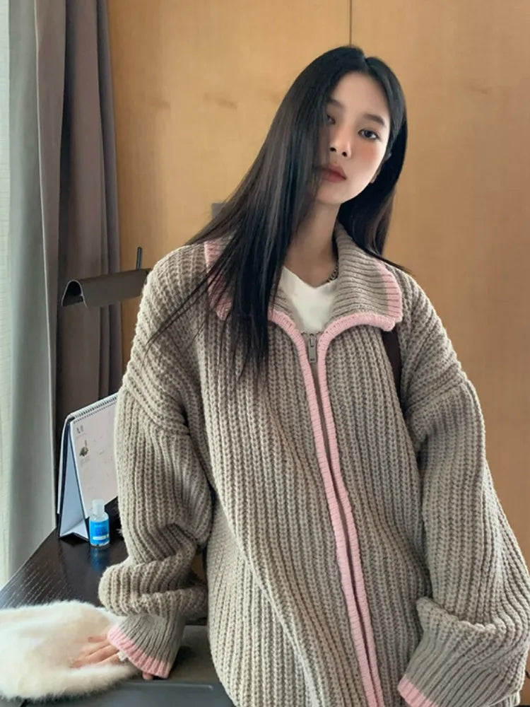 2025 Preppy Contrast Color Cardigans Women Fashion Y2k Aesthetic Loose Knitted Sweaters New Harajuku Casual Single Brested Coat