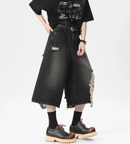 Men's Denim Shorts New American Style High Street Summer Hole Design Gradient Color Personality Trendy Male Bottoms 9W1812