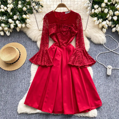 Load image into Gallery viewer, French Women Red Patchwork Lace Birthday Evening Party Dresses Autumn Round Neck Elegant Festival Long Sleeved Bow Pleated Dress
