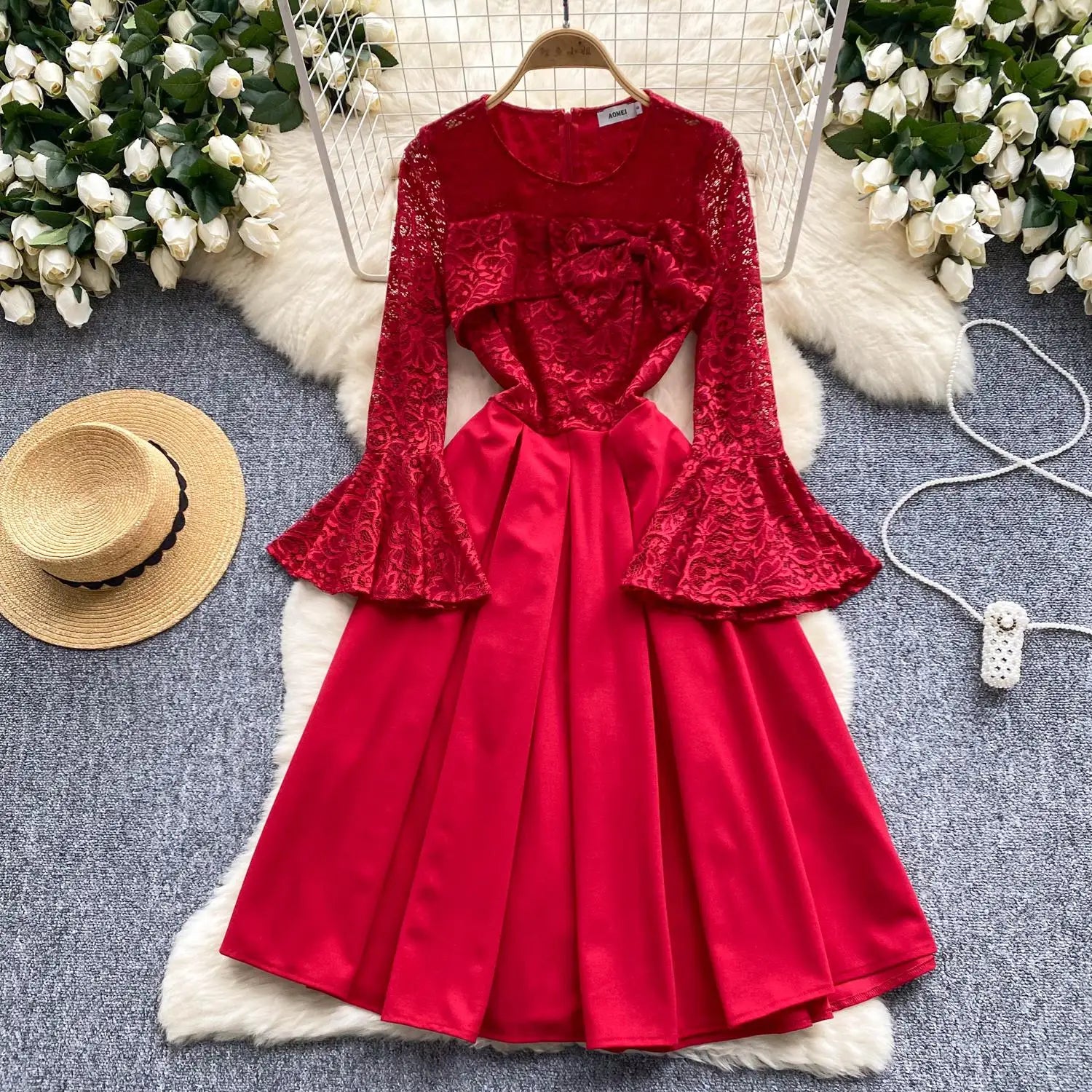 French Women Red Patchwork Lace Birthday Evening Party Dresses Autumn Round Neck Elegant Festival Long Sleeved Bow Pleated Dress