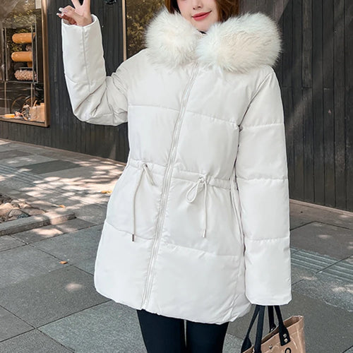 Load image into Gallery viewer, Thicken Slim-waist Cotton Jacket for Women Korean Winter Warm Mid Length Woman Parkas Fur Hooded White Coat Female M-XXL
