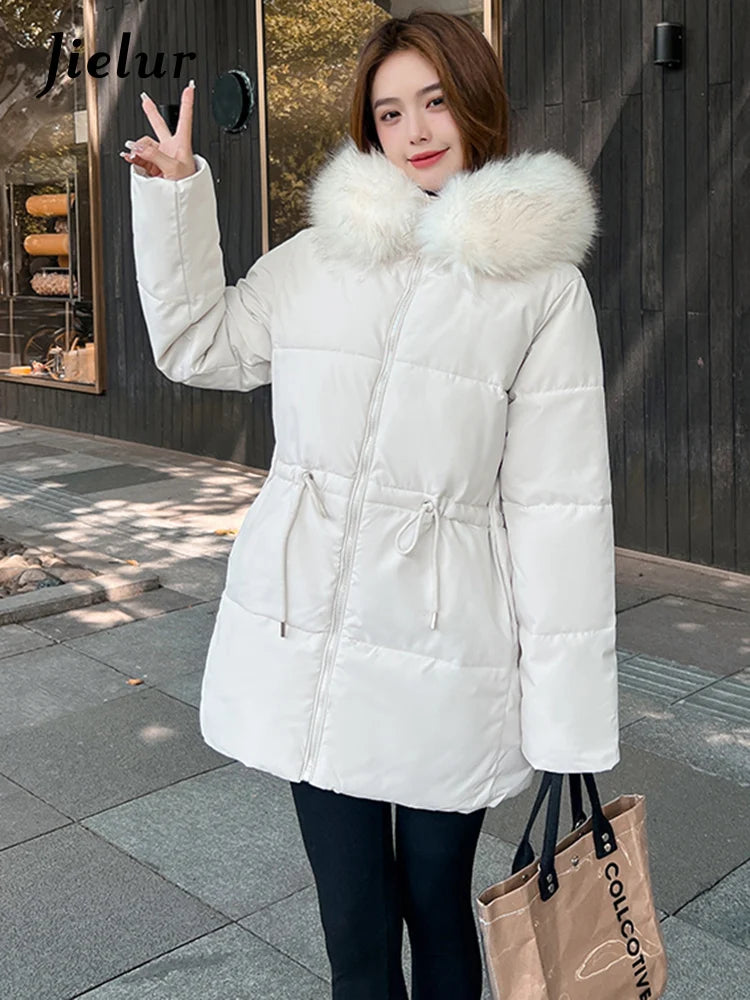 Thicken Slim-waist Cotton Jacket for Women Korean Winter Warm Mid Length Woman Parkas Fur Hooded White Coat Female M-XXL