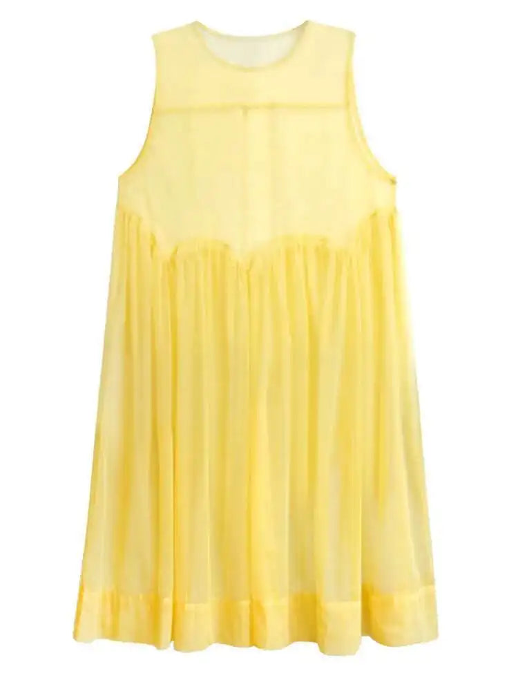 Women Black Big Hem Mesh Big Size Elegant Perspective Dress New Round Neck Sleeveless Fashion Spring Summer 2025 1DH6298