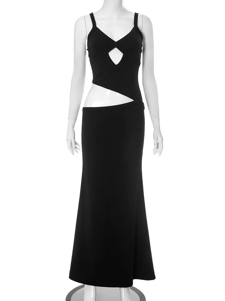 Hollow Out Backless Sexy Maxi Dress Women Gown Spaghetti Strap Sleeveless Irregular Slim Club Long Dress 2025 Summer