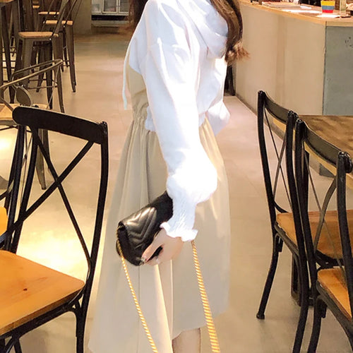 Load image into Gallery viewer, Women Autumn Patchwork Long Sleeve Midi Dress Fake Two Pieces Casual Elegant Vestido Femme Fashion Loose Apricot Dresses
