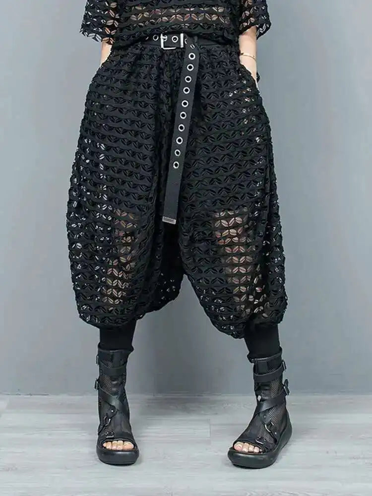 Big Size Mesh T-shirt Wide Leg Pants Two Piece Suit New Round Neck Short Sleeve Women Fashion Spring Summer 2025 1DH6432