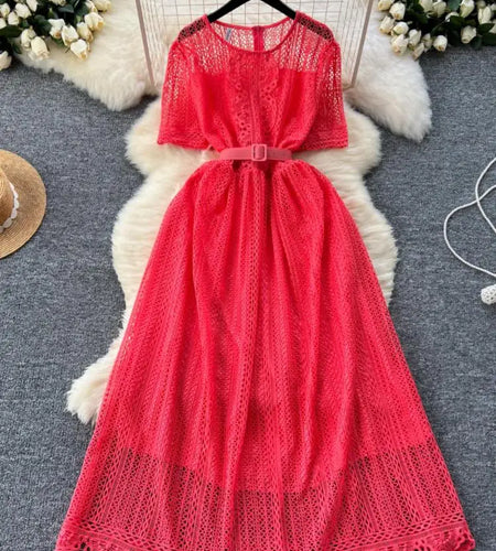 Summer French Retro Solid Round Neck Short Sleeved Hollow Out Lace Dress For Women Slim Elegant High Waist Party Evening Dresses