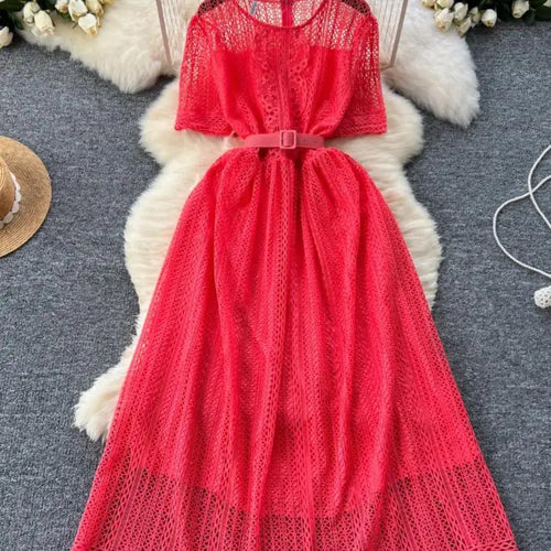 Load image into Gallery viewer, Summer French Retro Solid Round Neck Short Sleeved Hollow Out Lace Dress For Women Slim Elegant High Waist Party Evening Dresses
