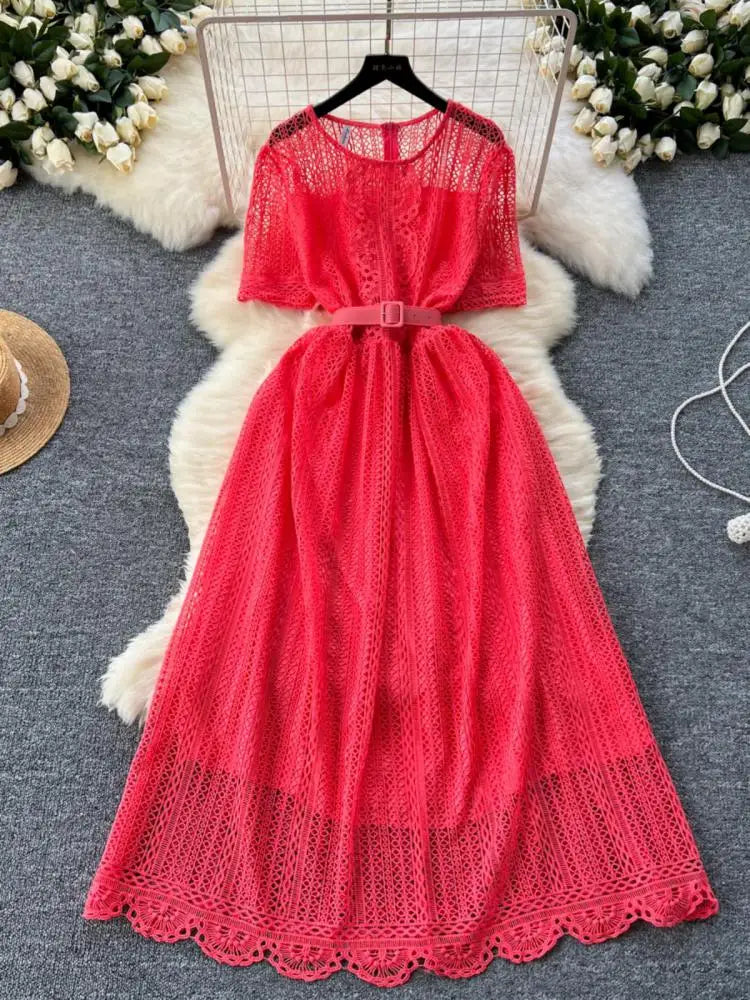 Summer French Retro Solid Round Neck Short Sleeved Hollow Out Lace Dress For Women Slim Elegant High Waist Party Evening Dresses