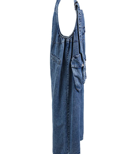 High Waist Blue Pocket Big Size Denim Overalls Trousers New Loose Fit Pants Women Fashion Tide Spring Autumn 2025 1K16401