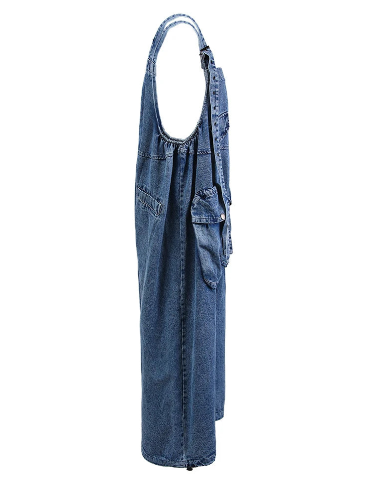 High Waist Blue Pocket Big Size Denim Overalls Trousers New Loose Fit Pants Women Fashion Tide Spring Autumn 2025 1K16401