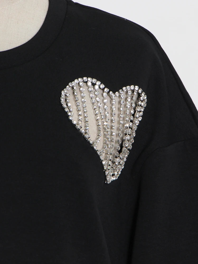 Solid Patchwork Diamonds Sweatshirt For Women Round Neck Long Sleeve Cut Out Minimalist Casual Sweatshirts Female
