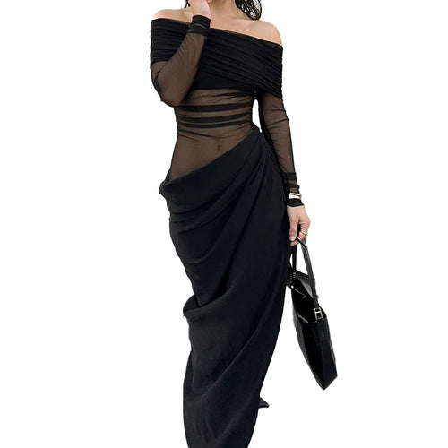 Load image into Gallery viewer, Off-shoulder Mesh See Through Sexy Maxi Dress For Women Elegant Strapless Long Sleeve Backless Bodycon Club Party Dress

