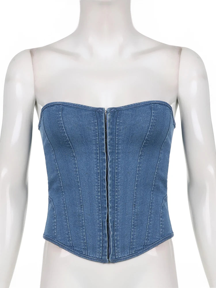 Fashion Elegant Strapless Tube Corset Bustier Tops Hook Lace Up Ladies Party Cummerbunds Crop Top Bandage Club Denim