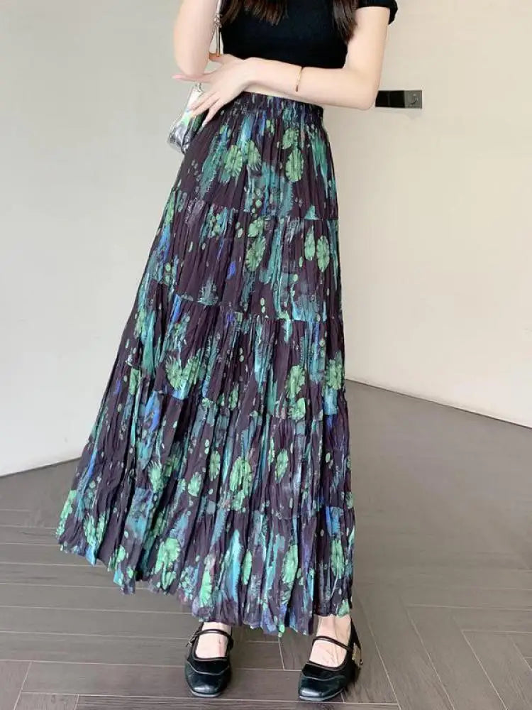 French Vintage Green Floral Ruffled High Waist Vacation Pleated Long Skirt Spring Summe Women Elegant Party Skirt Popular Trendy