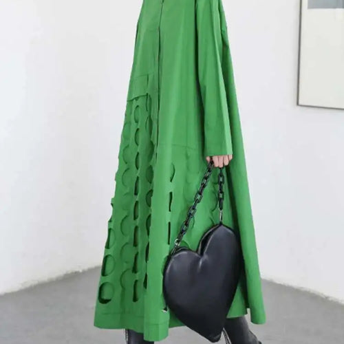 Load image into Gallery viewer, Women Black Hollow Out Big Size Midi Shirt Dress New Lapel Long Sleeve Loose Fit Fashion Tide Spring Autumn 2025 1DF6037
