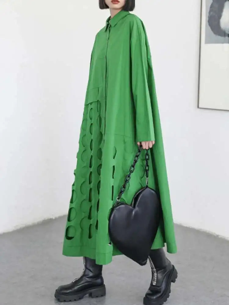 Women Black Hollow Out Big Size Midi Shirt Dress New Lapel Long Sleeve Loose Fit Fashion Tide Spring Autumn 2025 1DF6037