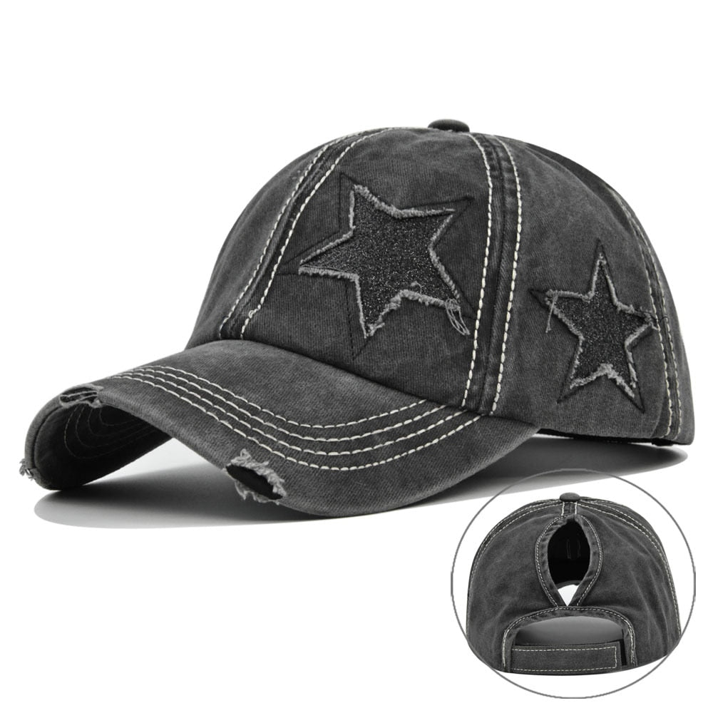 Hole Star Baseball Cap Spring Sunhat Washed Girls Women Cotton Snapback Caps Fashion Hip Hop Vintage Female Ponytail Hat