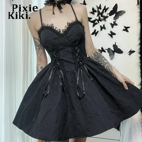 Load image into Gallery viewer, Black Jacquard Cami Dresses for Women Halloween Lolita Gothic Clothes V Neck Bandage A Line Mini Dress P80-DH21
