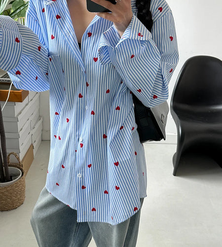 Women Blue Striped Printed Big Size Casual Blouse New Lapel Long Sleeve Shirt Fashion Tide Spring Autumn 2025 1DJ0470