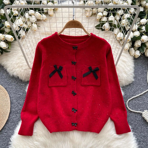 Load image into Gallery viewer, Autumn Winter Women Sweet Red Pink Elegant Round Neck Knit Tops Vintage White Single Breasted Long Sleeve Bow Sweater 2024 Trend
