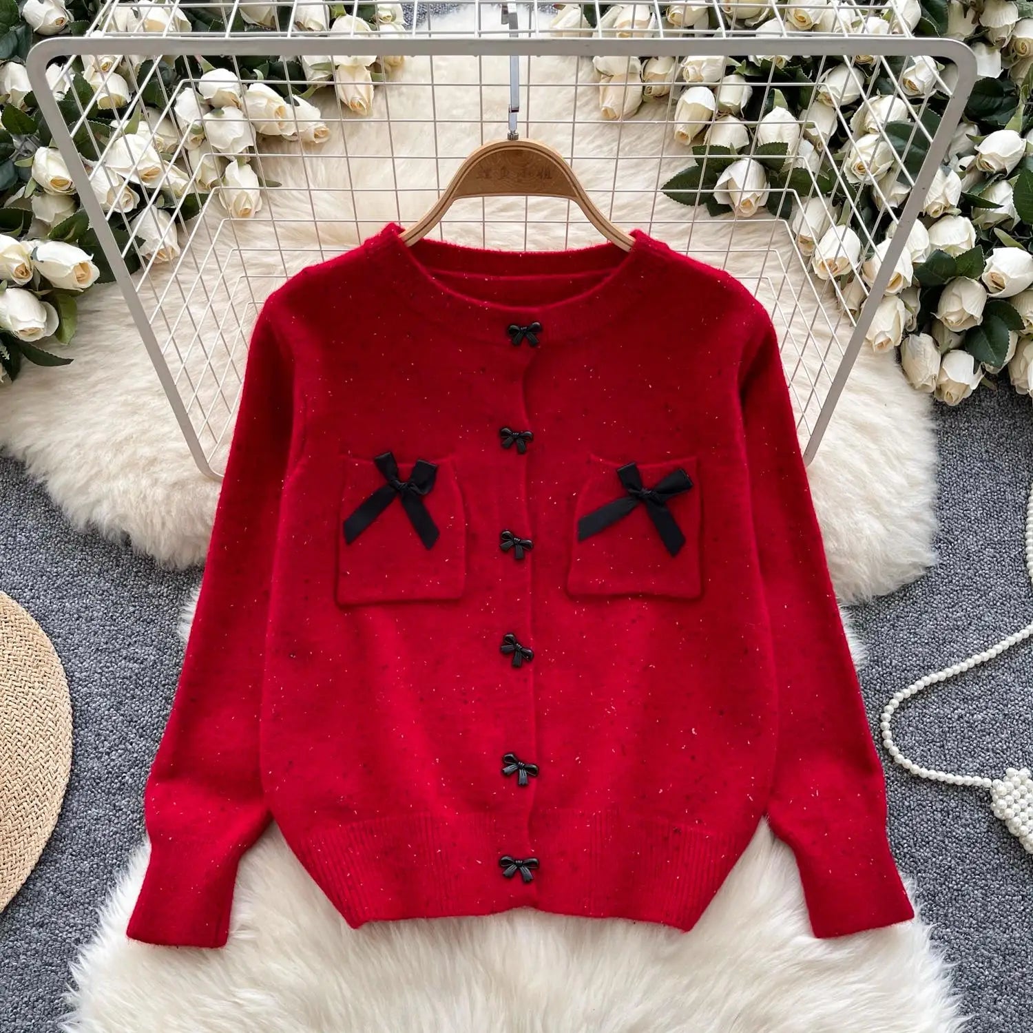 Autumn Winter Women Sweet Red Pink Elegant Round Neck Knit Tops Vintage White Single Breasted Long Sleeve Bow Sweater 2024 Trend