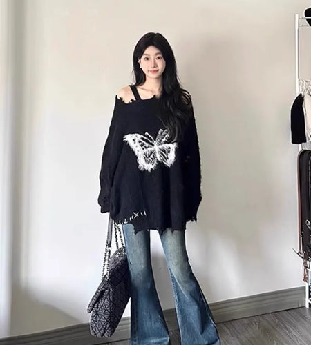Sweet Y2k Aesthetic Grunge Butterfly Hole Sweaters Oversized Long Casual Harajuku Jumpers Fashion Ins Knitted Women Pullovers