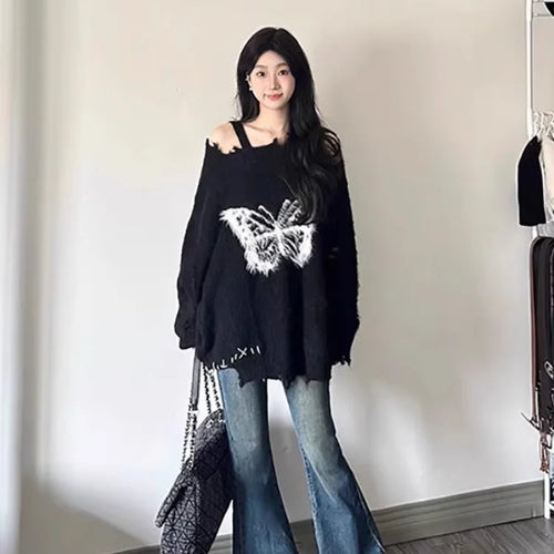 Load image into Gallery viewer, Sweet Y2k Aesthetic Grunge Butterfly Hole Sweaters Oversized Long Casual Harajuku Jumpers Fashion Ins Knitted Women Pullovers
