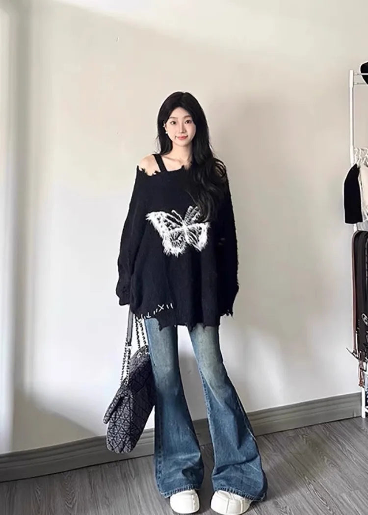 Sweet Y2k Aesthetic Grunge Butterfly Hole Sweaters Oversized Long Casual Harajuku Jumpers Fashion Ins Knitted Women Pullovers