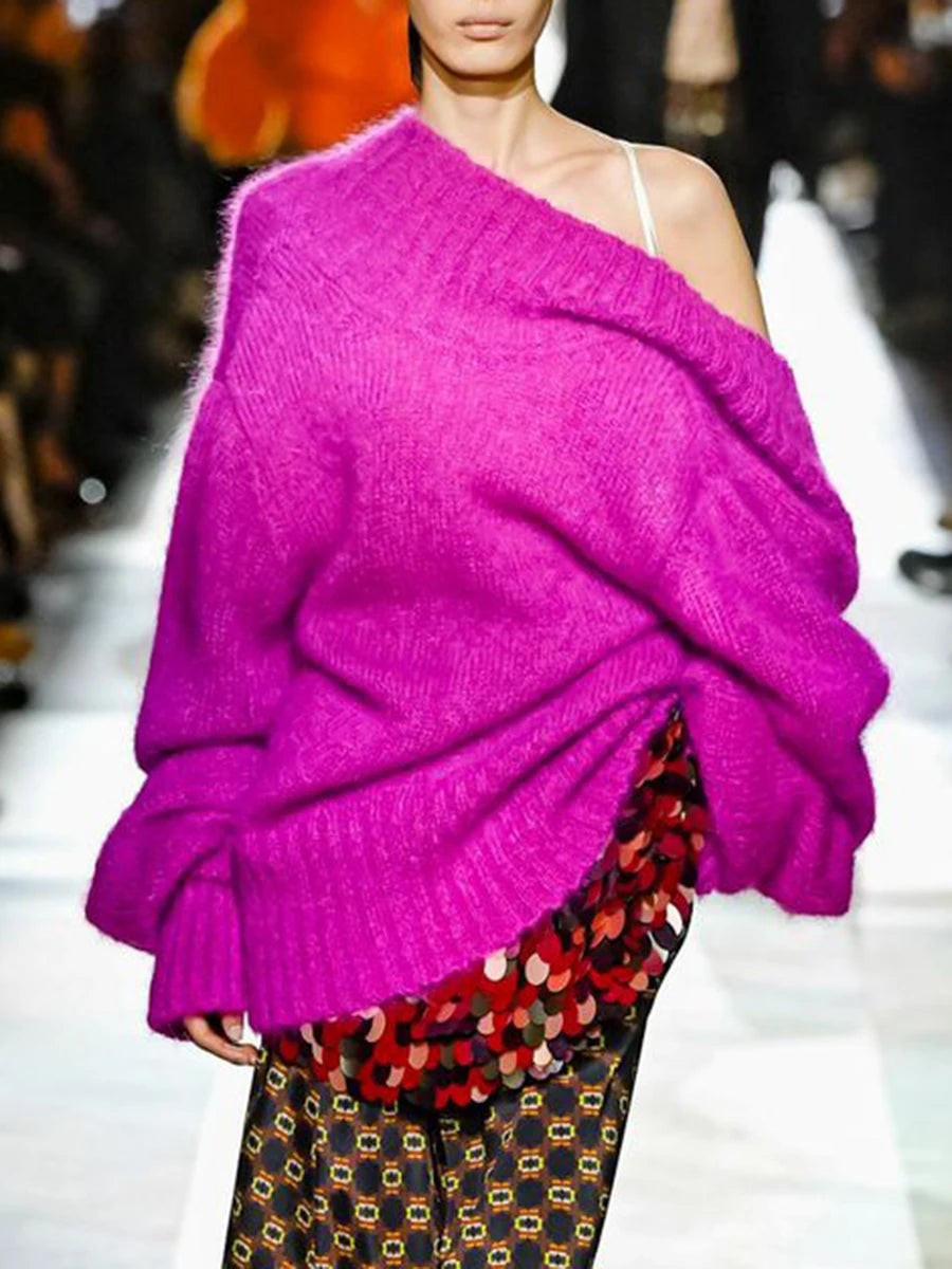 Solid Loose Irregular Sweaters for Women Diagonal Collar Long Sleeves Casual Sweater Female Fashion Clothing New