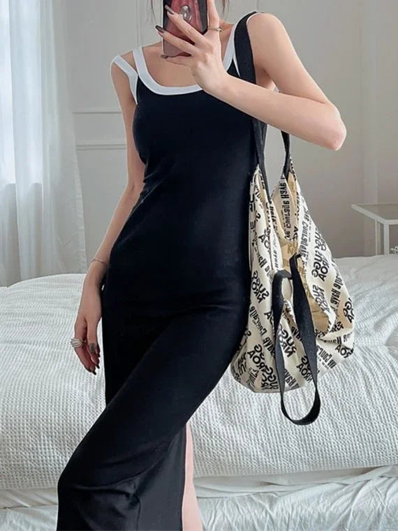 Sexy Backless Slip Midi Split Dresses Women Korean Fashion Spaghetti Strap Vintage Casual Black Dress Summer Sundress