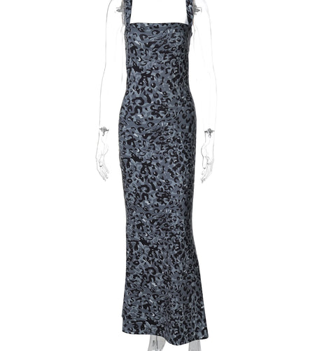Fashion Leopard Print Straps Backless Sexy Bodycon Maxi Prom Dress Summer Women Casual Clothes Evening Party Vacation