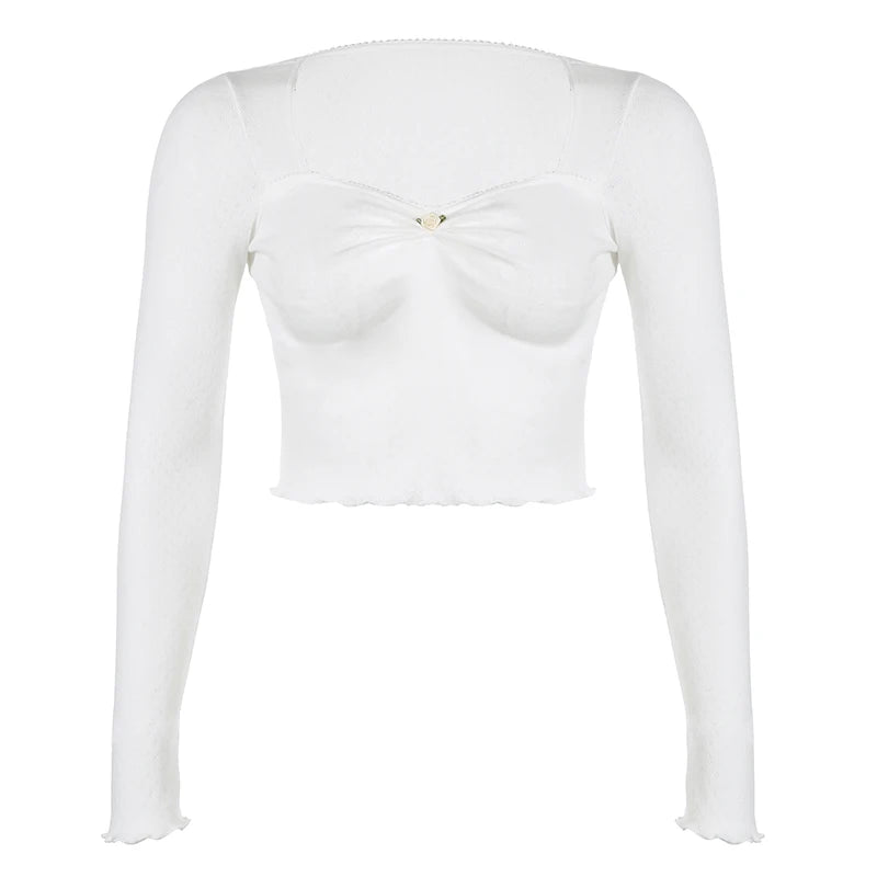 Bodycon Appliques White Crop Autumn T-shirt Korean Fashion Square Neck Jacquard Frill Trim Top Tees Cutecore New Y2K