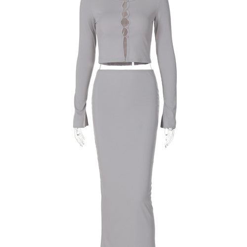 Load image into Gallery viewer, Ribbed 2 Pcs Sets Solid Long Flare Sleeve Cut Out Buttons Sexy Crop Top Maxi Skirt Women Outfit Birthday Party Festival

