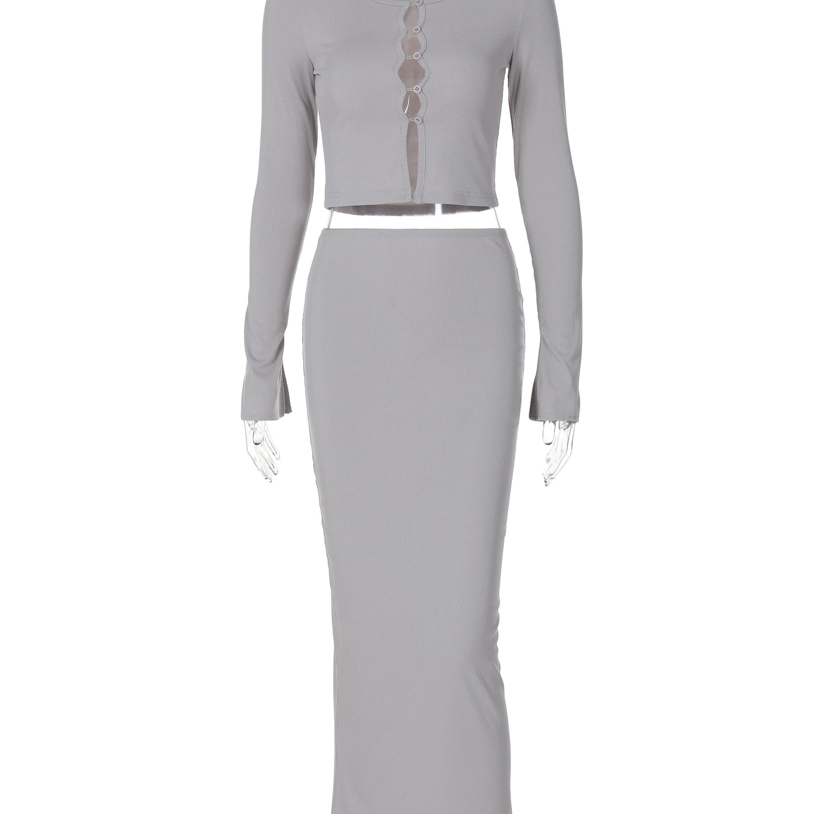 Ribbed 2 Pcs Sets Solid Long Flare Sleeve Cut Out Buttons Sexy Crop Top Maxi Skirt Women Outfit Birthday Party Festival