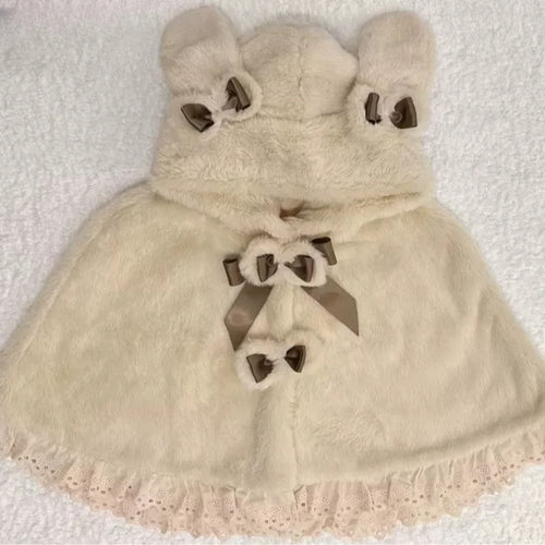 Load image into Gallery viewer, Lolita Kawaii Loose Sweet Hooded Cloak Coats Japanese Grunge Fluffy Bow Jackets Y2k Aesthetic Grunge Lace Patchwork Women Tops
