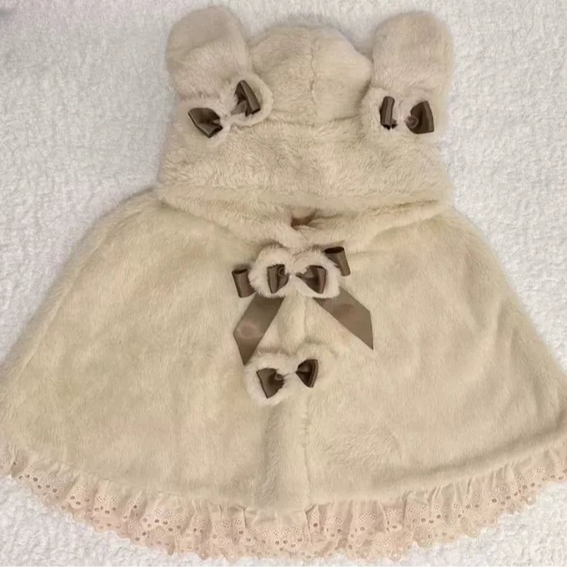 Lolita Kawaii Loose Sweet Hooded Cloak Coats Japanese Grunge Fluffy Bow Jackets Y2k Aesthetic Grunge Lace Patchwork Women Tops